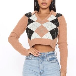 William Rast 90s Preppy Cropped Polo Sweater with Argyle Pattern